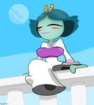  2015 alien anthro arthropod balcony beeza blush breasts clothing cyan_hair eyes_closed female flea hair happy insect schnuron sitting smile solo wander_over_yonder 