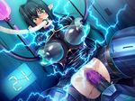  1girl annerose_vajra black_hair breasts brown_eyes curvy electricity electrocution erect_nipples feeding female kagami_hirotaka koutetsu_no_majo_anneroze large_breasts long_hair looking_at_viewer pantyhose parted_lips sideboob sitting smile solo taimanin_asagi_battle_arena very_long_hair wide_hips 