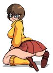  ass breasts brown_hair from_behind glasses kneehighs kneeling large_breasts looking_back pleated_skirt scooby-doo short_hair simple_background skirt smile solo spread_legs sweater velma_dace_dinkley watatanza white_background 