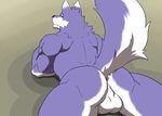  2014 anthro anus back balls bent_over butt canine croiyan_(artist) fur half-closed_eyes kaicro looking_at_viewer looking_back lying male mammal manly muscles nude on_floor presenting presenting_hindquarters ripped shadow solo toned wolf 