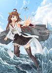  absurdres ahoge aircraft airplane artist_name detached_sleeves highres kantai_collection kongou_(kantai_collection) ocean open_hand outstretched_hand running_on_liquid solo thighhighs tri-edge water waves zettai_ryouiki 