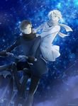  aldnoah.zero aqua_eyes bicycle black_hair breath ground_vehicle harklight male_focus multiple_boys multiple_riders naoazaz night night_sky open_mouth platinum_blonde_hair riding scarf shooting_star short_hair sky slaine_troyard smile star_(sky) starry_sky winter_clothes 