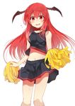  bangs bare_arms bare_legs bare_shoulders black_skirt cheerleader embarrassed flying_sweatdrops head_wings koakuma long_hair looking_at_viewer midriff miniskirt navel pom_poms red_eyes red_hair simple_background skirt solo standing sweat touhou white_background yosu 