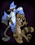  anthro avian bird blue_feathers blue_jay brown_fur cartoon_network duo fur male mammal mordecai_(regular_show) open_mouth raccoon regular_show rigby_(regular_show) size_difference thedoggygal tongue white_feathers 