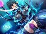  1girl annerose_vajra black_hair breasts brown_eyes curvy electricity electrocution erect_nipples female kagami_hirotaka koutetsu_no_majo_anneroze large_breasts long_hair looking_at_viewer pantyhose parted_lips sideboob sitting smile solo taimanin_asagi_battle_arena very_long_hair wide_hips 