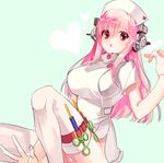  :o breasts hat headphones large_breasts long_hair looking_at_viewer nitroplus no_panties nurse nurse_cap open_mouth pink_hair platina77 red_eyes solo super_sonico syringe thighhighs 