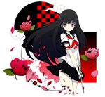  bangs black_hair black_skirt blood blood_splatter blunt_bangs cloud flower hime_cut kijimoto_yuuhi kureha_(sound_voltex) long_hair pale_skin petals pleated_skirt red_eyes ribbon school_uniform serafuku skirt solo sound_voltex standing sword weapon 