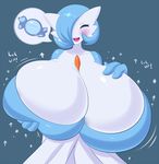  1girl blue_hair blush breast_expansion breasts gameplay_mechanics gardevoir gigantic_breasts happy jcdr lucy_(jcdr) pokemon rare_candy shiny_pokemon solo 