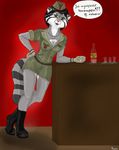  anthro belt breasts cat clothing colors dog_tags drink feline female glass hat looking_at_viewer mammal pallas_cat plejman shading simple_background skirt soviet text translation_request uniform 