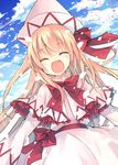  blonde_hair blush bow capelet closed_eyes day dress hat jpeg_artifacts lily_white long_hair md5_mismatch open_mouth outdoors petals sky smile solo suzushiro_kurumi touhou very_long_hair wings 