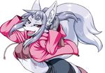  abstract_background big_ears big_tail breasts canine chest_tuft clothing female fox fur furry hikimayu hood hoodie inner_ear_fluff jacket kemokko_lovers kemokko_lovers_5 long_hair long_tail looking_at_viewer mammal mayoineko nakagami_takashi open_mouth red_eyes shirt shorts simple_background smile solo standing tank_top teeth tongue tuft white_background wolf 