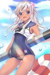  :d bad_id bad_pixiv_id blue_eyes flower hair_flower hair_ornament kantai_collection long_hair looking_at_viewer one-piece_swimsuit open_mouth ro-500_(kantai_collection) school_swimsuit school_uniform smile solo swimsuit swimsuit_under_clothes tan tanline torpedo white_hair yuzu-aki 
