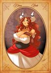  anthro big_breasts bovine breasts brown_fur brown_hair chalo clothed clothing diana_linda female fur green_eyes hair horn huge_breasts las_lindas long_hair looking_at_viewer mammal open_mouth smile solo 