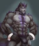  anthro body_hair bow_tie bulge canine chippendales claws facial_piercing hands_on_hips happy_trail hi_res istani looking_at_viewer male mammal muscles nipple_piercing nipples nose_piercing nose_ring piercing solo tattoo wolf 