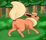  2013 anus balls butt eeveelution feral flareon forest kyoushiro looking_at_viewer looking_back male nintendo outside pok&eacute;mon raised_paw raised_tail sheath signature solo tail_wrap tree video_games 