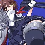  brown_eyes brown_hair chain dd_(ijigendd) from_below furutaka_(kantai_collection) glowing glowing_eye heterochromia kantai_collection remodel_(kantai_collection) short_hair solo thighhighs turret yellow_eyes 