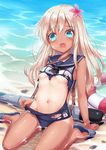  blonde_hair blue_eyes breasts flower full_body hair_ornament kantai_collection lifebuoy long_hair no_pants one-piece_tan open_mouth ro-500_(kantai_collection) school_swimsuit shimokirin small_breasts solo swimsuit tan tanline tears torn_clothes torn_swimsuit underboob water 