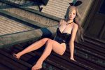  3d arm_support bare_arms bare_legs bare_shoulders blonde_hair breasts bunny_girl bunnysuit cleavage feet haneto legs long_hair looking_at_viewer modeling necklace original outdoors realistic stairs 