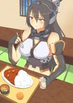 absurdres black_hair breasts curry elbow_gloves fingerless_gloves food gloves hairband headgear highres kantai_collection large_breasts long_hair nagato_(kantai_collection) pm_tii_(matuko1024) red_eyes solo spoon sweat table 