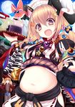  :d animal_ears belly blonde_hair blush bunny_ears bunny_hair_ornament carrot_hair_ornament fang food food_themed_hair_ornament full_moon hair_ornament highres looking_at_viewer low_twintails midriff moe2015 moon multiple_girls navel open_mouth original plump smile solo_focus sparkle sukage torii tray twintails wagashi youkan_(food) 