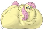  093_(artist) blush equine feathers female fluttershy_(mlp) friendship_is_magic fur hair hooves long_hair looking_at_viewer mammal morbidly_obese my_little_pony overweight pegasus pink_hair plain_background smile solo wings yellow_fur 