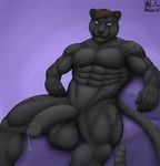  2015 abs anthro aolun balls biceps big_balls big_penis black_panther black_penis brown_hair dripping feline fur green_eyes hair half-erect huge_penis humanoid_penis leopard looking_at_viewer male mammal markings muscles nude panther pecs penis precum presenting solo spots spreading vein 