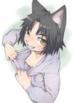  animal_ears black_hair blush breasts cat_ears clothes_pull flashing grin j7w kurona_(neko_musume_michikusa_nikki) neko_musume_michikusa_nikki nipples no_bra small_breasts smile solo sweater sweater_pull yellow_eyes 