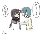  akemi_homura beige_bow black_hair blue_hair comic flat_chest flat_chest_grab french grabbing hair_ornament hairclip hand_on_another's_chest long_hair long_sleeves mahou_shoujo_madoka_magica mahou_shoujo_madoka_magica_movie miki_sayaka multiple_girls oda_takayuki open_mouth red_ribbon ribbon short_hair simple_background translated white_background 