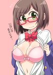  bad_id bad_pixiv_id blazer blush bra breasts brown_hair celebi_ryousangata cleavage green_eyes idolmaster idolmaster_cinderella_girls jacket large_breasts maekawa_miku off_shoulder open_clothes open_shirt school_uniform shirt short_hair solo translated underwear 