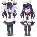  &gt;_&lt; akatsuki_(kantai_collection) angry black_legwear clenched_hands closed_eyes dd_(ijigendd) flat_cap hat kantai_collection long_hair open_mouth pantyhose purple_hair raised_fists school_uniform serafuku skirt solid_circle_eyes solo translated 