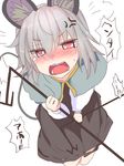  anger_vein animal_ears blush capelet check_translation dowsing_rod dress grey_dress grey_hair highres ishikkoro long_sleeves looking_at_viewer mouse_ears mouse_tail nazrin open_mouth pink_eyes pov shirt solo tail tears touhou translation_request 