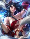  ahri anaglyph animal_ears banned_artist bare_shoulders black_hair breasts cleavage fox_ears fox_tail korean_clothes large_breasts league_of_legends lips long_hair looking_at_viewer multiple_tails open_mouth sakimichan smile solo tail torn_clothes watermark yellow_eyes 