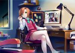  akigumo_(kantai_collection) brown_hair chair computer crossed_legs cup desk green_eyes grey_legwear hair_ribbon highres jinyuan712 kantai_collection lamp long_hair long_sleeves looking_at_viewer monitor mouse_(computer) mug no_shoes pantyhose ponytail printer recursion ribbon school_uniform sitting solo speaker stapler stylus thighband_pantyhose webcam 