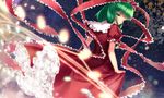  bad_id bad_pixiv_id dark dress dutch_angle frilled_dress frills from_behind glowing green_eyes green_hair hair_ribbon highres kagiyama_hina leaf long_hair looking_at_viewer looking_back petticoat puffy_short_sleeves puffy_sleeves red_dress ribbon shiyun short_sleeves skirt_hold solo touhou 