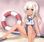  :d bare_legs bare_shoulders blue_eyes blush crop_top flower hair_flower hair_ornament highres kantai_collection kyamu_(qqea92z9n) lifebuoy long_hair neckerchief open_mouth ro-500_(kantai_collection) sailor_collar school_swimsuit slippers smile solo spread_legs swimsuit swimsuit_under_clothes tan tanline torpedo white_hair 