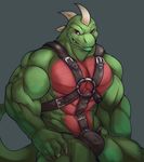  anthro bulge claws grey_background harness hi_res istani lizard looking_at_viewer male muscles plain_background red_eyes reptile scalie solo 