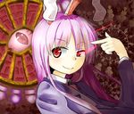  animal_ears bunny_ears eyes glowing glowing_eye long_hair long_sleeves looking_at_viewer moyazou_(kitaguni_moyashi_seizoujo) necktie pointing pointing_at_self purple_hair red_eyes reisen_udongein_inaba smile solo suit_jacket touhou uneven_eyes upper_body 