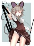  animal_ears black_panties capelet dowsing_rod dress dress_lift gem grey_dress grey_hair highres ishikkoro jewelry looking_at_viewer mouse_ears mouse_tail nazrin necklace open_mouth panties pantyshot pantyshot_(standing) pendant red_eyes solo standing tail touhou underwear 