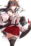  bare_shoulders black_hair black_legwear detached_sleeves error hairband haruna_(kantai_collection) highres japanese_clothes kantai_collection long_hair machinery miwano_ragu nontraditional_miko petals red_eyes red_skirt simple_background skirt smile solo striped thighhighs turret white_background wrong_hand 