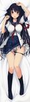  absurdres ao_no_kanata_no_four_rhythm ass_visible_through_thighs bed_sheet black_hair black_legwear black_panties blush breasts dakimakura full_body hair_ribbon highres huge_filesize kneehighs large_breasts long_hair lying on_back open_mouth panties panty_pull purple_eyes ribbon school_uniform serafuku skirt solo suzumori tobisawa_misaki underwear 