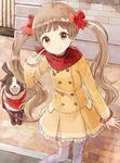 ahoge bangs bow bracelet brown_eyes brown_hair buttons coat dog hair_bow hakozaki_serika idolmaster idolmaster_million_live! jewelry leash long_hair long_sleeves looking_at_viewer nasuna outdoors scarf smile solo standing thighhighs twintails very_long_hair 