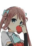  absurdres asagumo_(kantai_collection) ascot blue_eyes blush brown_hair dress_shirt eating hair_rings highres kantai_collection long_hair ooyama_imo shirt short_sleeves simple_background solo suspenders tomato twintails white_background 