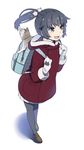  :d animal animal_print backpack bag black_legwear cat cat_hair_ornament cat_print coat full_body hair_ornament in_bag in_container loafers mattaku_mousuke mittens open_mouth original pantyhose ponytail shoes simple_background skirt smile solo white_background 