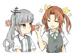  :d anger_vein brown_eyes chopsticks closed_eyes dress_shirt green_ribbon grey_hair hair_ornament hair_ribbon highres kagerou_(kantai_collection) kantai_collection kasumi_(kantai_collection) long_hair multiple_girls ooyama_imo open_mouth orange_hair ribbon school_uniform shirt short_sleeves smile sparkle suspenders twintails vest 