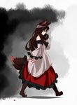  absurdres animal_ears bare_shoulders blood boots brooch brown_hair dress finger_to_mouth fingernails highres imaizumi_kagerou jewelry long_fingernails long_hair looking_away nail_polish red_eyes ryouryou solo tail touhou walking wolf_ears wolf_tail 