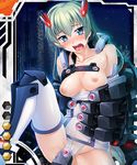  1girl :o aqua_eyes armor arms_behind_back bangs bare_shoulders blush breasts breasts_outside bridal_gauntlets building card_(medium) collarbone covered_navel greaves green_hair groin_tendon headgear knee_up kunieda_satsuki leotard lilith-soft long_hair looking_at_viewer moaning neon_trim night night_sky nipples nose_blush official_art open_mouth puffy_nipples pussy_juice raised_eyebrows saliva sasayuki sitting sky skyscraper solo star_(sky) starry_sky taimanin_asagi taimanin_asagi_battle_arena taut_clothes thighhighs tongue torso_grab unfastened vambraces very_long_hair 