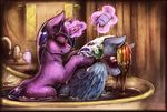  2015 bantha bathtub blue_fur blush colored cutie_mark duo equine eyes_closed female female/female feral friendship_is_magic fur hair hi_res horn levitation long_hair magic mammal multicolored_hair my_little_pony pegasus purple_fur rainbow_dash_(mlp) rainbow_hair smile twilight_sparkle_(mlp) unicorn water wet wings 