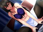  1girl ayasaki_ryouko bare_shoulders bed black_eyes black_hair bra breast_squeeze breasts cleavage dieselmine earrings game_cg girl_on_top highres huge_breasts jewelry legs long_hair looking_down lying mou_yurushite!_shasei_kanri_oneesan nakajou navel open_mouth pillow sitting sitting_on_person skirt smile sweat thighhighs thighs underwear 