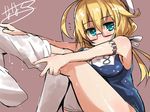  blonde_hair breasts glasses hat i-8_(kantai_collection) kantai_collection large_breasts nanateru one-piece_swimsuit removing_sock school_swimsuit sock_pull solo swimsuit thighhighs 