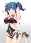  assisted_exposure bikini_removed breasts clothes_theft cosplay covering covering_crotch embarrassed grin highres imu_sanjo kantai_collection kantai_collection_(anime) large_breasts looking_at_viewer multiple_girls navel navel_cutout nude smile souryuu_(kantai_collection) swimsuit swimsuit_theft tears theft twintails yamato_(kantai_collection) yamato_(kantai_collection)_(cosplay) 